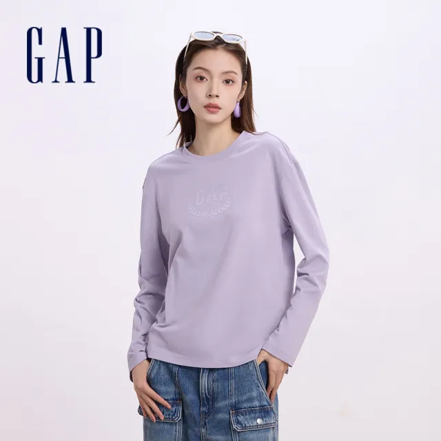 【GAP】女裝 Logo純棉印花圓領長袖T恤-淡紫色(637566)