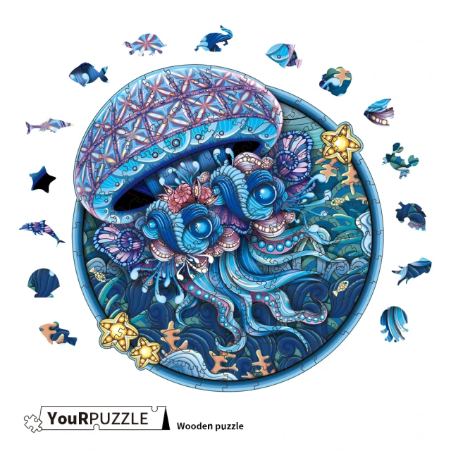 【YouRPUZZLE】圓形水母(檢驗合格 不規則木製拼圖)