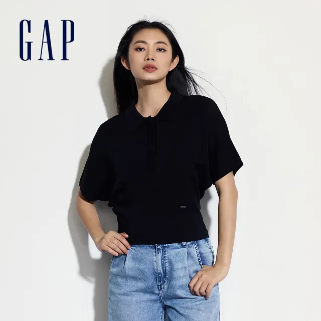 【GAP】女裝 翻領短袖針織衫-黑色(464874)