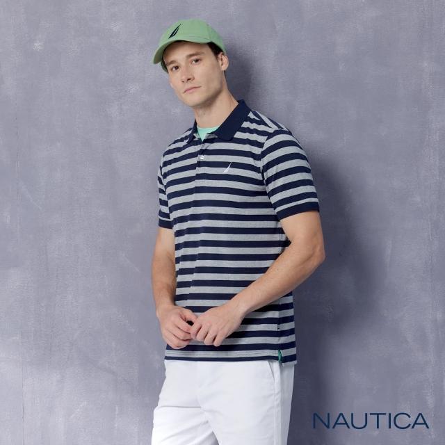 【NAUTICA】男裝 休閒撞色條紋短袖POLO衫(藍灰色)