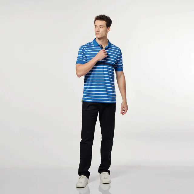【NAUTICA】男裝 吸濕排汗細條紋短袖POLO衫(藍白色)