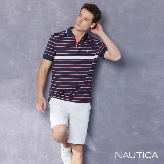 NAUTICA 男裝 吸濕排汗細條紋短袖POLO衫(藍粉色)