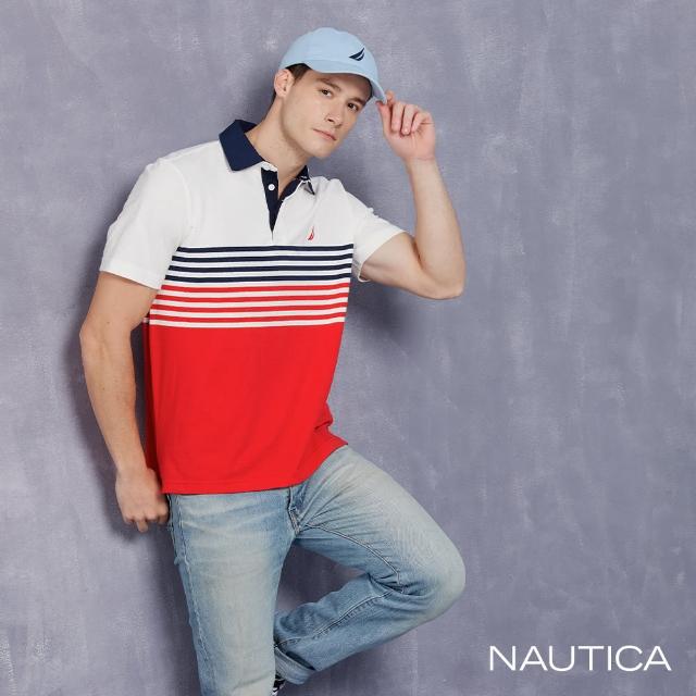 【NAUTICA】男裝 撞色拼接條紋短袖POLO衫(紅色)