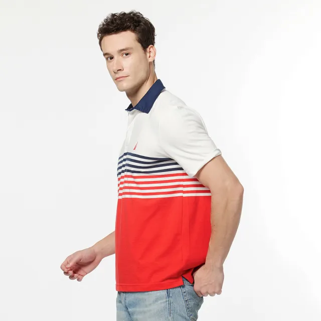 【NAUTICA】男裝 撞色拼接條紋短袖POLO衫(紅色)