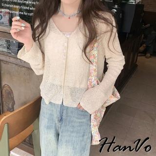 【HanVo】現貨 V領輕薄透膚上衣外套(氣質百搭防曬針織上衣 韓系女裝 女生衣著 4518)