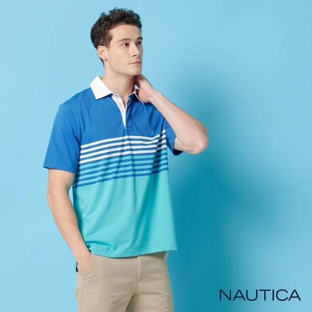 【NAUTICA】男裝 撞色拼接條紋短袖POLO衫-藍色(藍色)