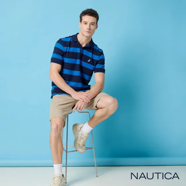 【NAUTICA】休閒撞色吸濕排汗條紋短袖POLO衫(藍色)