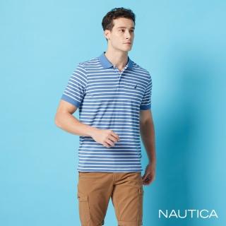 【NAUTICA】男裝 美式休閒撞色條紋短袖POLO衫(藍色)