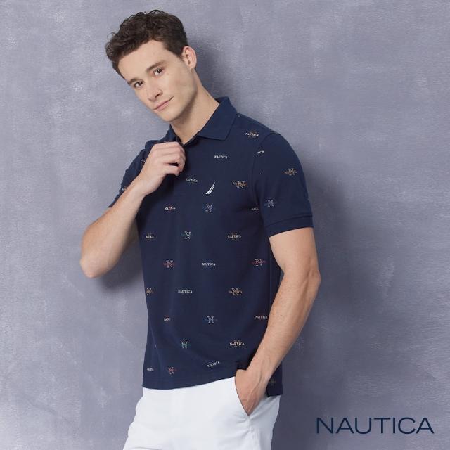 【NAUTICA】男裝 經典滿版品牌LOGO吸濕排汗短袖POLO衫(藍色)