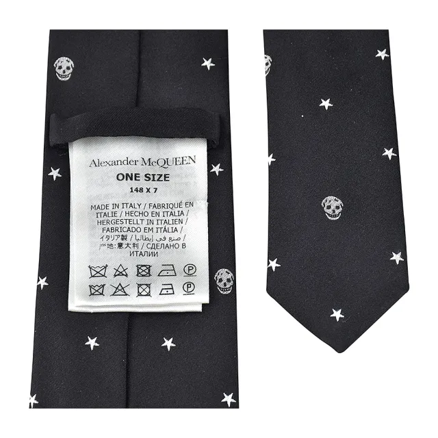 【ALEXANDER MCQUEEN】Alexander McQUEEN標籤LOGO骷顱頭搭配星星刺繡圖案桑蠶絲領帶(寬版/黑)