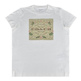 【COACH】COACH FLORAL KNOT空心LOGO刺繡花搭C字純棉短袖T恤(女款/白)