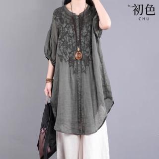 【初色】文藝風純色刺繡寬鬆圓領短袖燈籠袖五分袖襯衫T恤上衣女上衣-共3色-36441(L-2XL可選)
