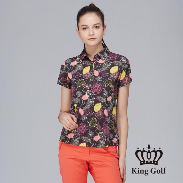 【KING GOLF】MOMO特談-女款香檸果香印圖造型POLO衫(黑色)