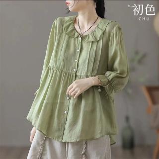 【初色】棉麻風純色單排釦娃娃領長袖七分袖公主袖襯衫上衣女上衣-共6色-36459(M-2XL可選)