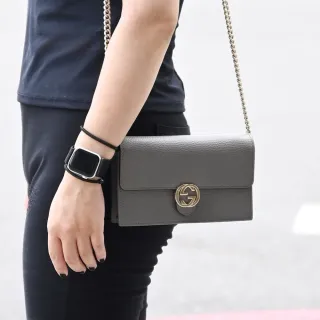 【GUCCI 古馳】OC 金屬雙G LOGO小牛皮肩斜三用晚宴包鍊包(灰)