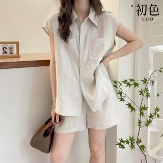 【初色】通勤風翻領短袖襯衫上衣女上衣+亞麻休閒褲寬褲短褲套裝-共3色-36550(M-2XL可選)