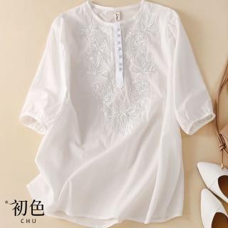 【初色】涼爽透氣刺繡寬鬆棉麻風上衣女上衣-共5色-66506(M-2XL可選)