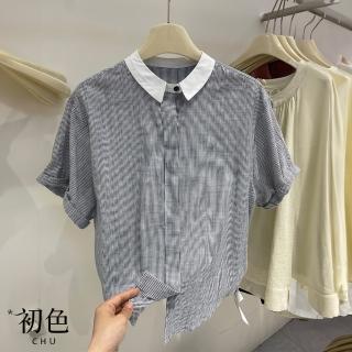 【初色】法式條紋單排釦寬鬆短袖五分袖POLO領襯衫T恤上衣女上衣-灰色-36492(M-2XL可選)