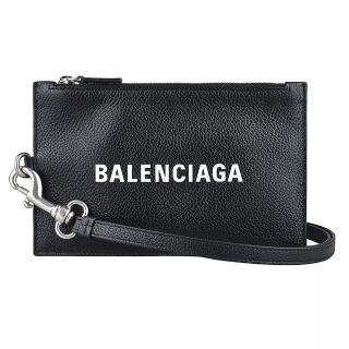 【Balenciaga 巴黎世家】BALENCIAGA字母LOGO拉鍊牛皮掛繩證件零錢包(黑)