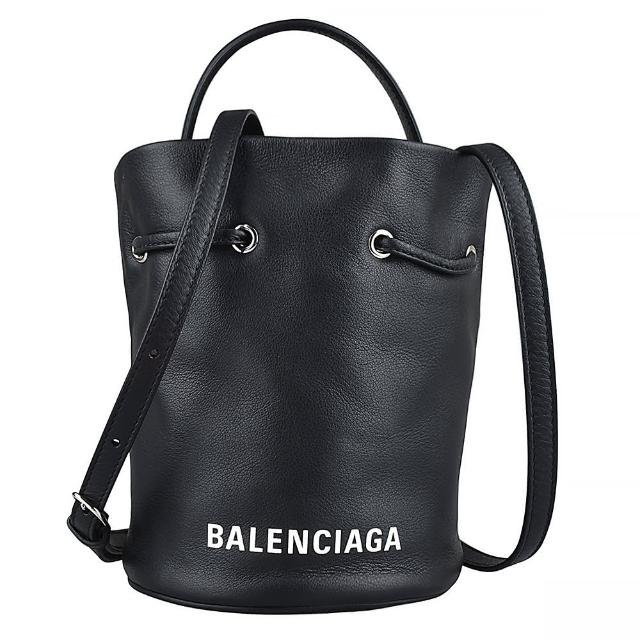 【Balenciaga 巴黎世家】BALENCIAGA EVERYDAY字母LOGO束口牛皮手提斜背水桶包(迷你/黑)