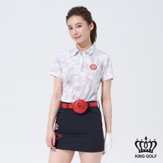 【KING GOLF】MOMO特談-女款熱帶花朵剪影印圖POLO衫/高爾夫球衫(灰卡其)