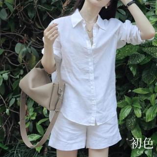 【初色】亞麻長袖七分袖襯衫領防曬襯衫T恤上衣女上衣+純色休閒褲寬褲短褲套裝-白色-36444(M-2XL可選)