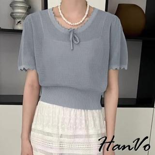 【HanVo】現貨 法式波浪邊蝶結鏤空針織衣(甜美質感休閒短版上衣 韓系女裝 女生衣著 A01-0287)