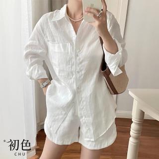 【初色】復古大口袋防曬長袖襯衫上衣女上衣+簡約純色休閒褲寬褲短褲套裝-白色-36498(M-2XL可選)