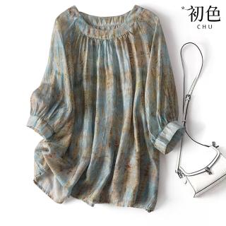 【初色】法式文藝風寬鬆圓領長袖七分袖娃娃衫襯衫T恤上衣女上衣-墨綠色-36433(M-2XL可選)