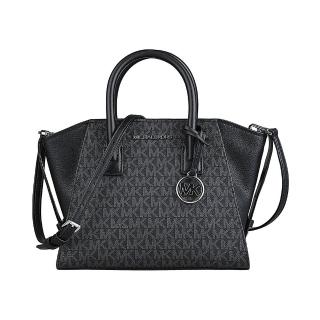 【Michael Kors】MK MICHAEL KORS AVRIL立體銀字LOGO印花設計PVC拼接牛皮拉鍊手提斜揹包(小/黑)