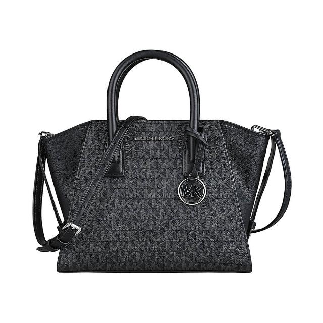 【Michael Kors】MK MICHAEL KORS AVRIL立體銀字LOGO印花設計PVC拼接牛皮拉鍊手提斜背包(小/黑)