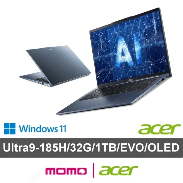 【Acer 宏碁】14吋Ultra 9輕薄效能OLED AI筆電-冰霧藍(Swift Go/SFG14-73-91F9/Ultra 9-185H/32G/1TB/W11)