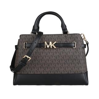 【Michael Kors】MK MICHAEL KORS REED立體金屬字LOGO滿版印花設計PVC拼牛皮拉鍊手提斜背包(小/咖啡x黑)