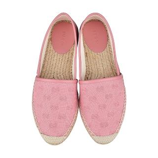 【GUCCI 古馳】GUCCI經典LOGO緹花布拼接草編黃麻平底漁夫鞋(粉)