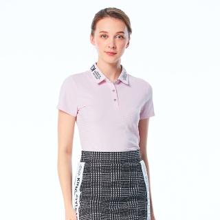 【KING GOLF】MOMO特談-女款素色領口文字千鳥格印花POLO衫/高爾夫球衫(粉色)