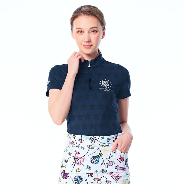 【KING GOLF】MOMO特談-女款星星滿版底圖立領POLO衫/高爾夫球衫(丈青)