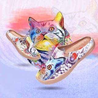 【uin】西班牙原創設計 女鞋 半包鞋 半拖鞋 彩虹貓咪彩繪休閒鞋W1122486(彩繪)