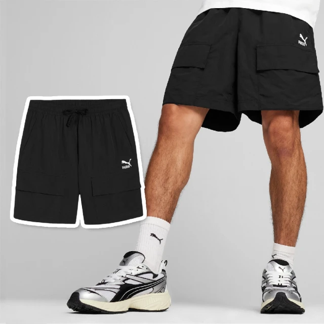 PUMA 短褲 Classic Cargo Shorts 男款 黑 白 寬鬆 抽繩 大口袋 褲子(624262-01)