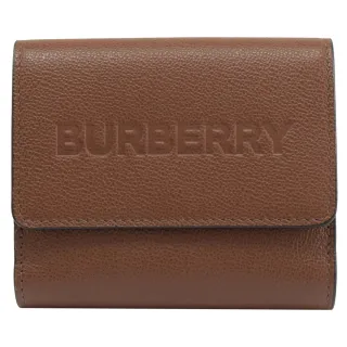 【BURBERRY 巴寶莉】經典品牌烙印LOGO小牛皮雙面扣式零錢短夾(咖)