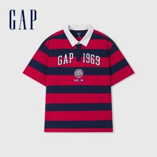 【GAP】男裝 Logo純棉印花POLO衫 水洗棉系列-紅藍條紋(465598)