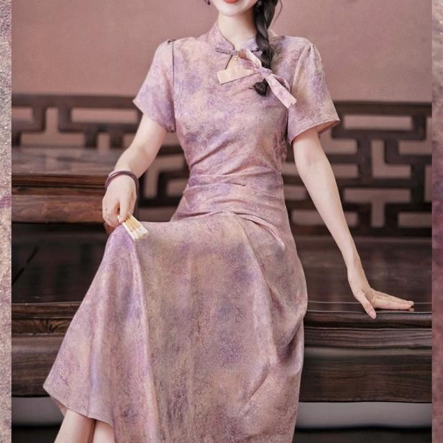 【巴黎精品】現貨+預購 洋裝連身長裙(短袖盤扣印花收腰女裙子a1gp35)