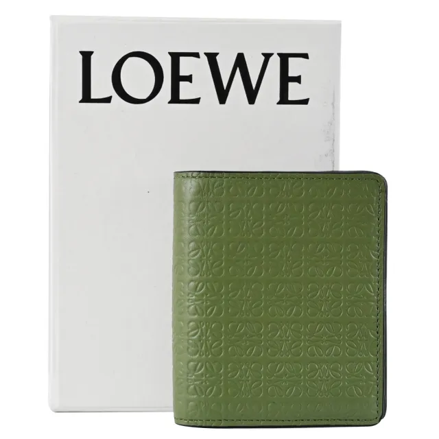 【LOEWE 羅威】經典滿版烙印LOGO小牛皮雙面釦式零錢短夾(綠)