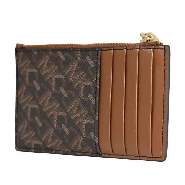【Michael Kors】經典MK LOGO印花皮革拼接信用卡名片零錢包(深咖/咖)