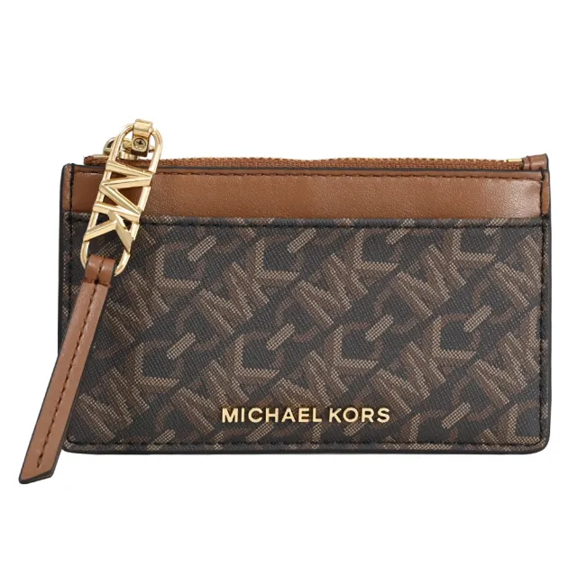 【Michael Kors】經典MK LOGO印花皮革拼接信用卡名片零錢包(深咖/咖)