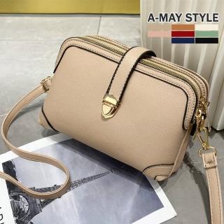 【Amay Style 艾美時尚】女包 側肩包 簡約純色三層大容量拼接斜揹包(4色.預購)