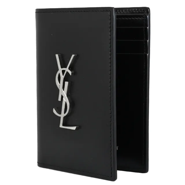 【YSL】簡約金屬字母LOGO滑面小牛皮窄版對折4卡短夾(黑/銀)