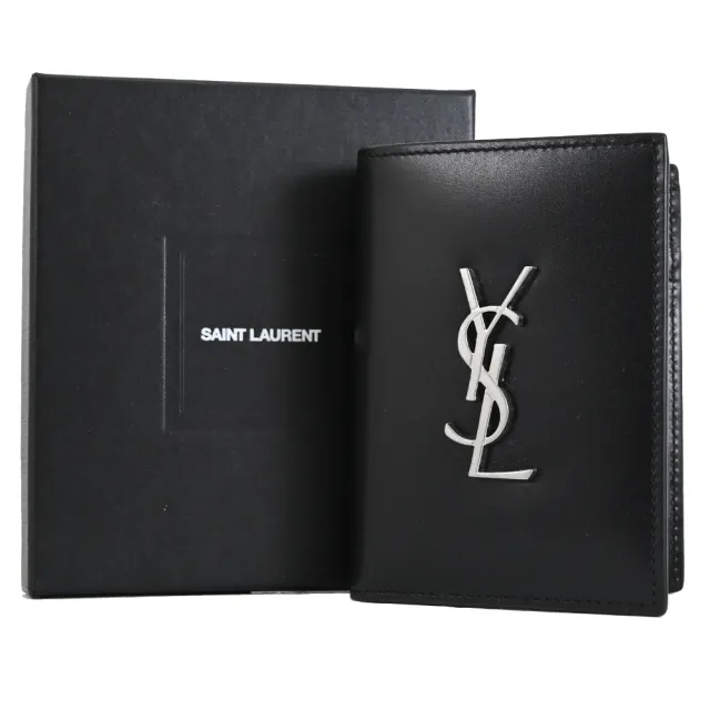 【YSL】簡約金屬字母LOGO滑面小牛皮窄版對折4卡短夾(黑/銀)