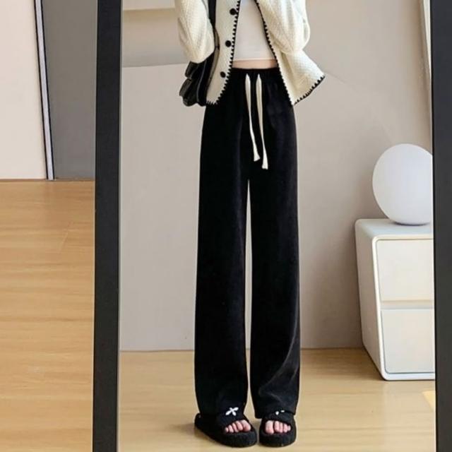 【巴黎精品】現貨+預購 休閒褲直筒長褲(高腰手編抽繩闊腿女褲子5色a1gm39)