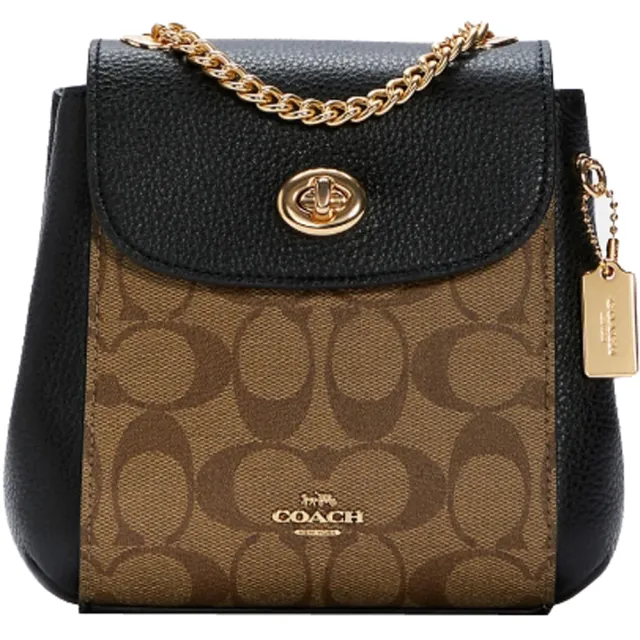 【COACH】Convertible黑x卡其PVC滿版LOGO迷你款斜背後背兩用包