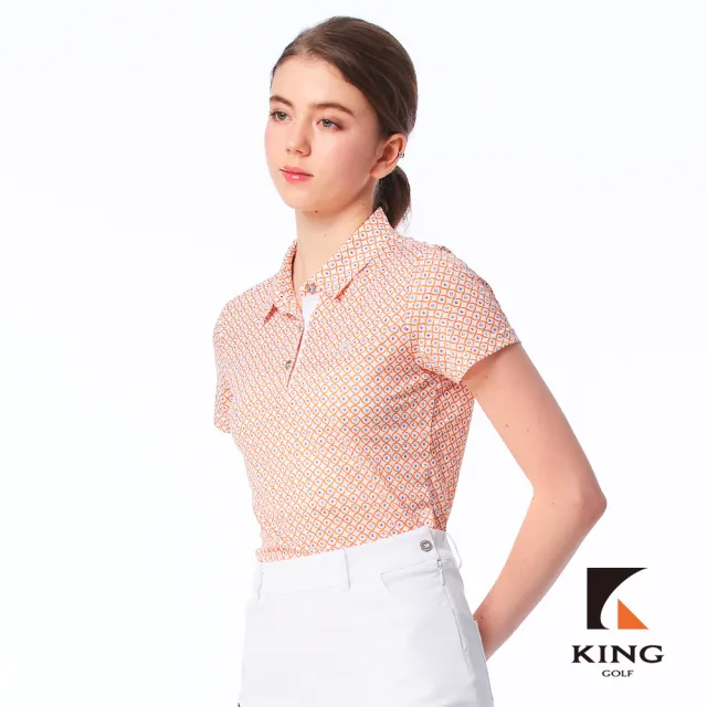 【KING GOLF】實體同步款-女款滿版圈圈KG印花立體刺繡透氣涼感開襟短袖POLO衫/高爾夫球衫(橘色)